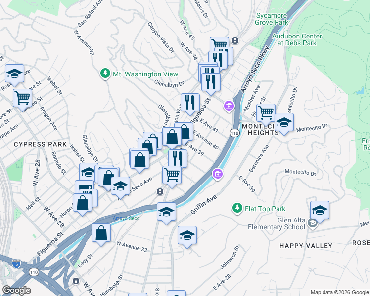 map of restaurants, bars, coffee shops, grocery stores, and more near 122 East Avenue 39 in Los Angeles