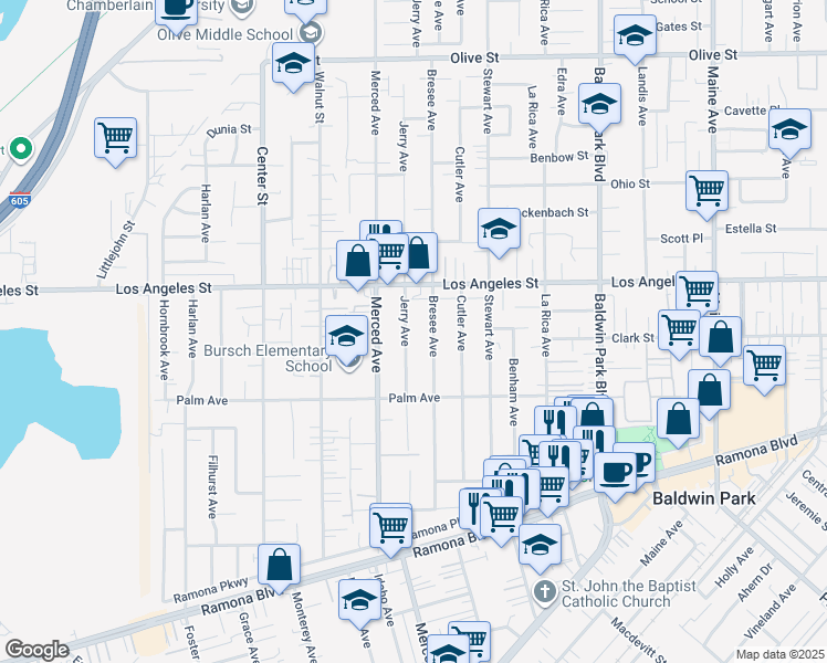 map of restaurants, bars, coffee shops, grocery stores, and more near 4308 Jerry Avenue in Baldwin Park