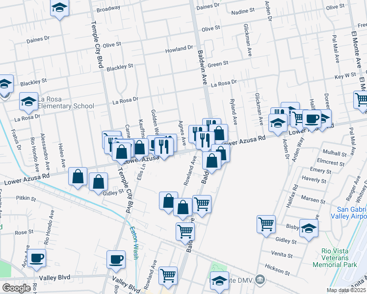 map of restaurants, bars, coffee shops, grocery stores, and more near 9861 Lower Azusa Road in Temple City