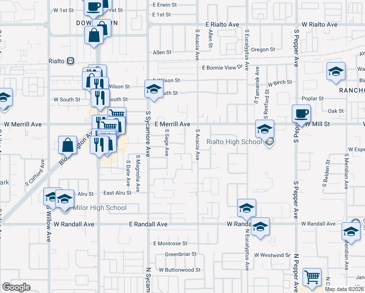 map of restaurants, bars, coffee shops, grocery stores, and more near 437 East Carter Street in Rialto