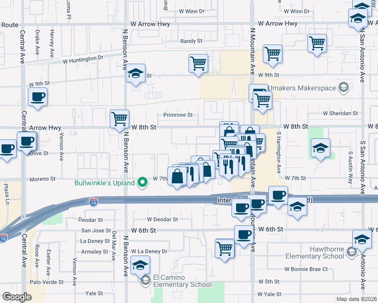 map of restaurants, bars, coffee shops, grocery stores, and more near 305 South Spencer Avenue in Upland