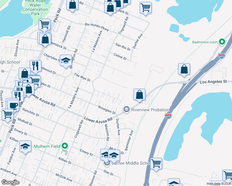 map of restaurants, bars, coffee shops, grocery stores, and more near 12117 Hallwood Drive in El Monte