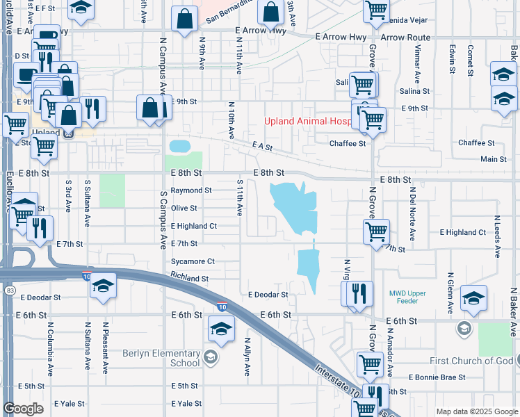 map of restaurants, bars, coffee shops, grocery stores, and more near 306 Settlers Road in Upland