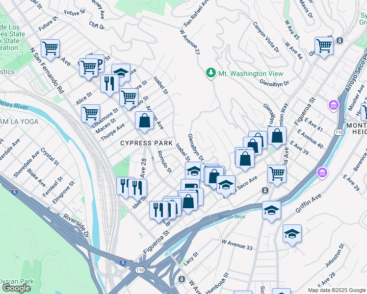map of restaurants, bars, coffee shops, grocery stores, and more near 621 Isabel Street in Los Angeles