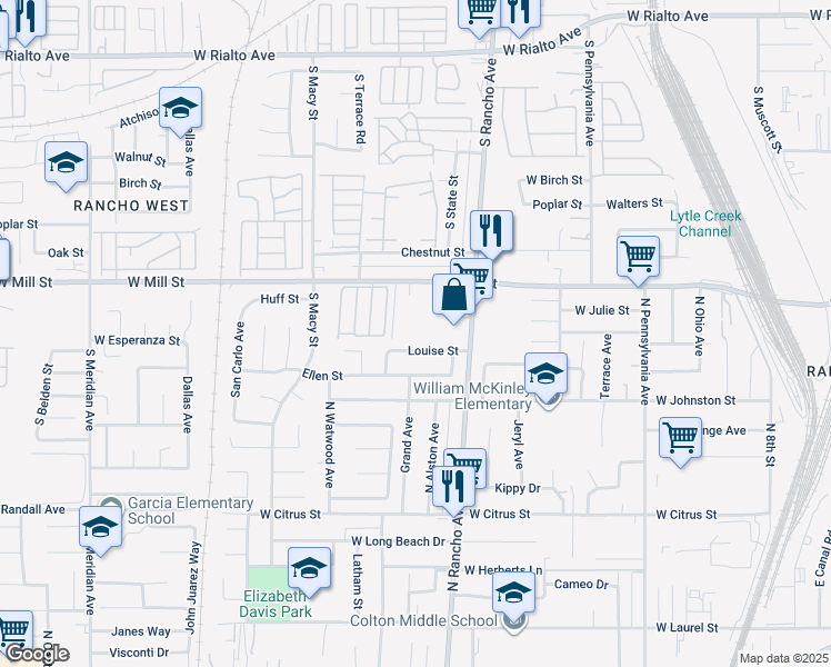 map of restaurants, bars, coffee shops, grocery stores, and more near 2001 North Rancho Avenue in Colton