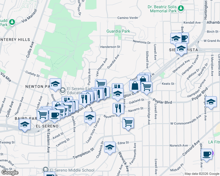 map of restaurants, bars, coffee shops, grocery stores, and more near 5172 Almont Street in Los Angeles