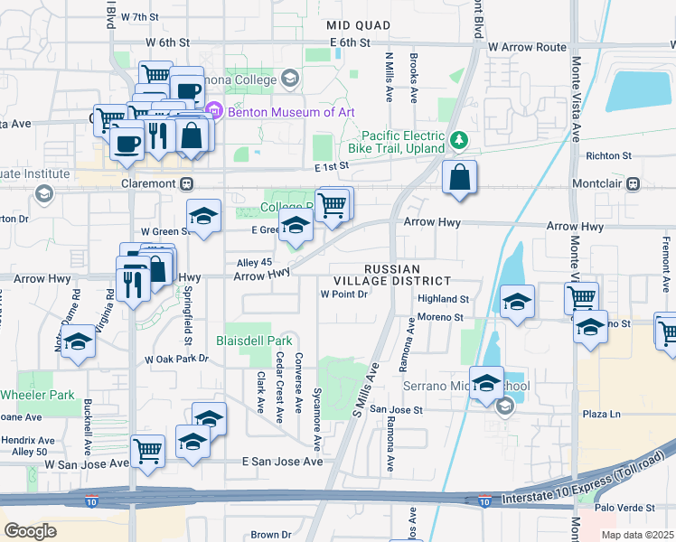 map of restaurants, bars, coffee shops, grocery stores, and more near 337 Cucamonga Avenue in Claremont