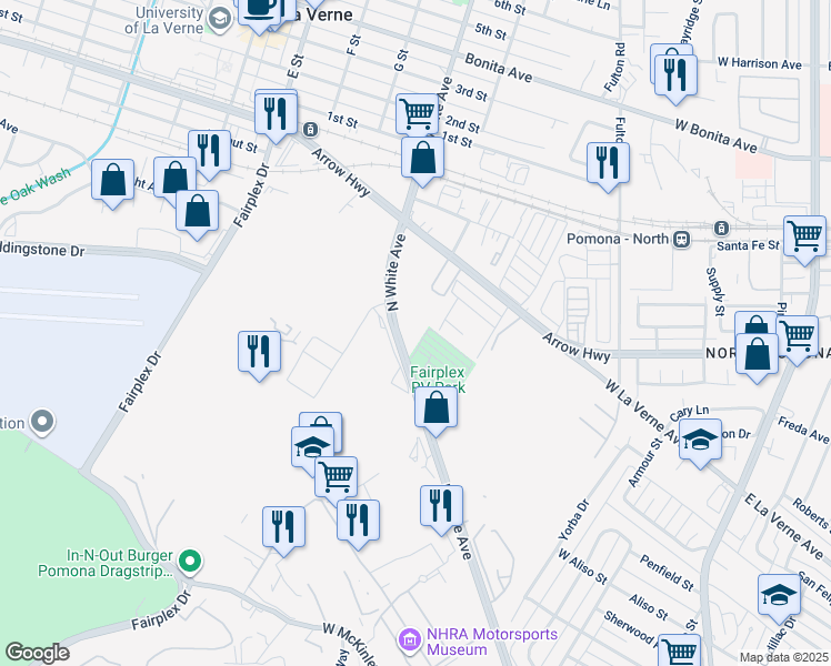 map of restaurants, bars, coffee shops, grocery stores, and more near 1510 North White Avenue in La Verne