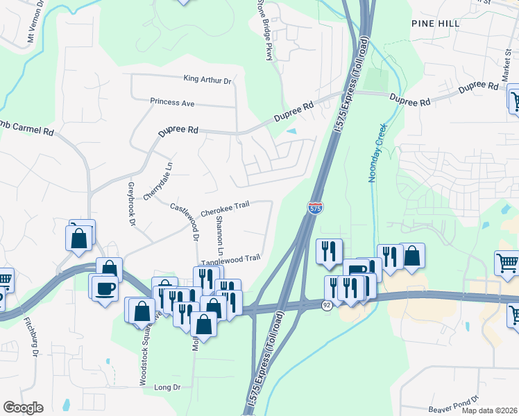 map of restaurants, bars, coffee shops, grocery stores, and more near 3010 Cherokee Trail in Woodstock