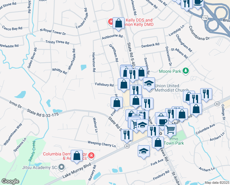 map of restaurants, bars, coffee shops, grocery stores, and more near 300 Friarsgate Court in Irmo