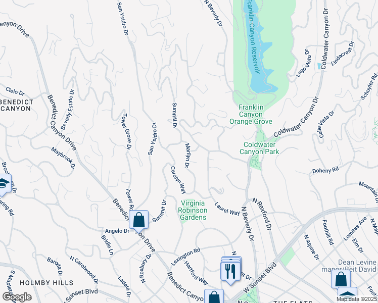 map of restaurants, bars, coffee shops, grocery stores, and more near 2050 Pine Drive in Beverly Hills