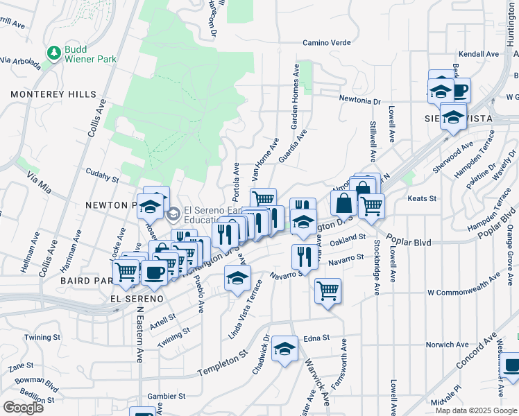 map of restaurants, bars, coffee shops, grocery stores, and more near 3935 Guardia Avenue in Los Angeles