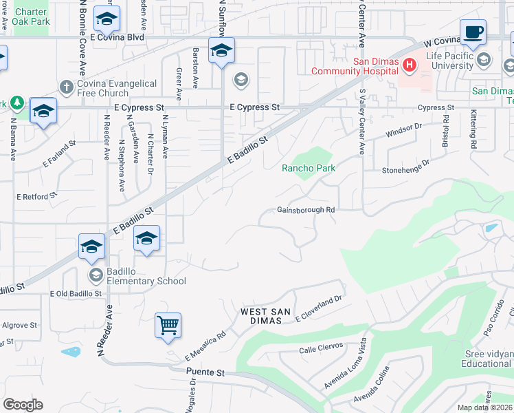 map of restaurants, bars, coffee shops, grocery stores, and more near 1745 Gainsborough Road in San Dimas