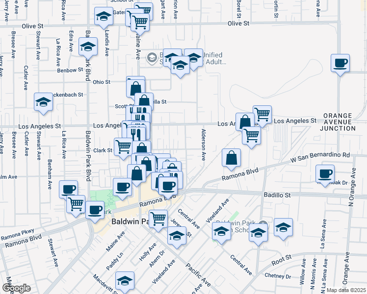 map of restaurants, bars, coffee shops, grocery stores, and more near 14637 Clark Street in Baldwin Park