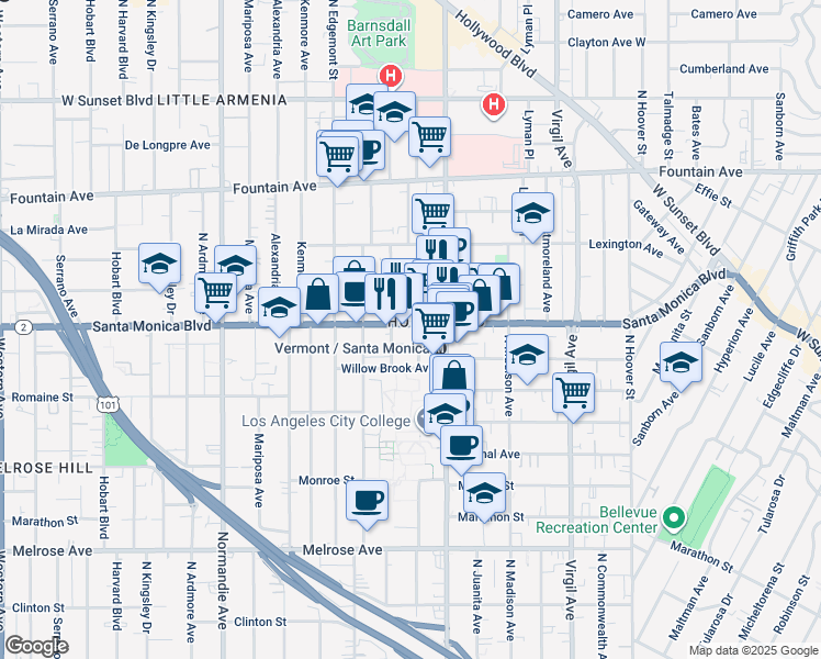 map of restaurants, bars, coffee shops, grocery stores, and more near in Los Angeles