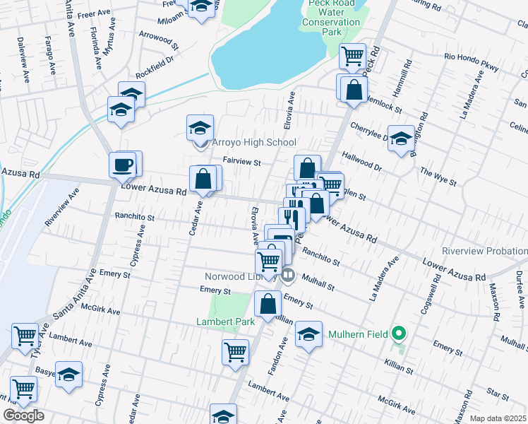 map of restaurants, bars, coffee shops, grocery stores, and more near 11510 Lower Azusa Road in El Monte