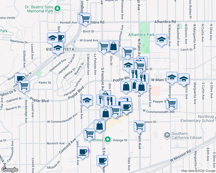 map of restaurants, bars, coffee shops, grocery stores, and more near 326 Cypress Avenue in Alhambra