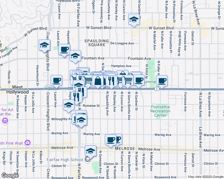 map of restaurants, bars, coffee shops, grocery stores, and more near 7702 Santa Monica Blvd in Los Angeles