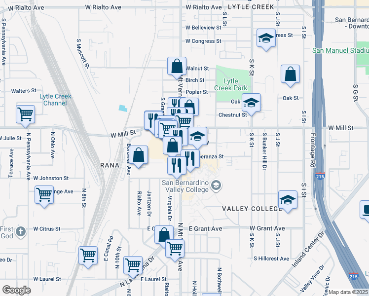 map of restaurants, bars, coffee shops, grocery stores, and more near 555 South Mount Vernon Avenue in San Bernardino