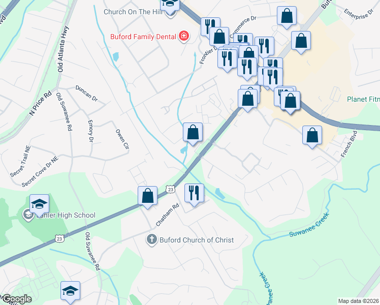 map of restaurants, bars, coffee shops, grocery stores, and more near 1328 U.S. 23 in Buford
