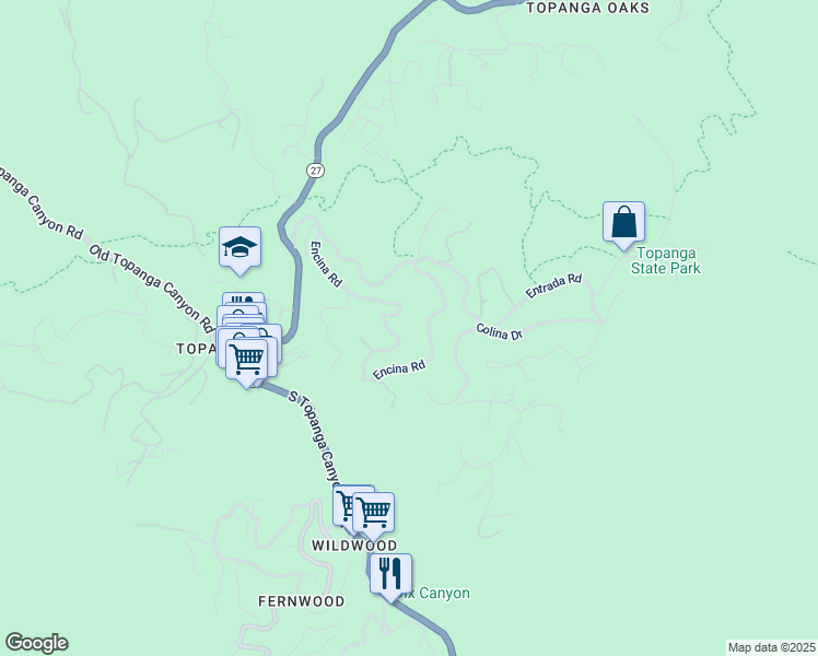 map of restaurants, bars, coffee shops, grocery stores, and more near 21421 Encina Road in Topanga