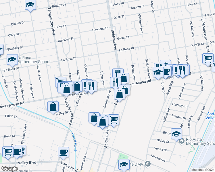 map of restaurants, bars, coffee shops, grocery stores, and more near 9913 Lower Azusa Road in Temple City
