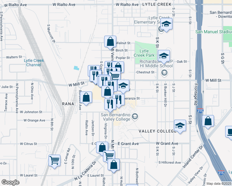 map of restaurants, bars, coffee shops, grocery stores, and more near 555 South Mount Vernon Avenue in San Bernardino