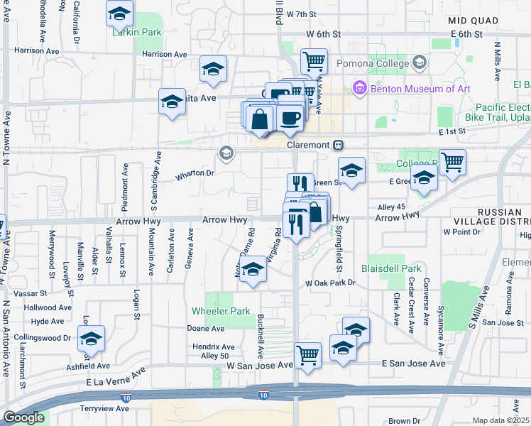 map of restaurants, bars, coffee shops, grocery stores, and more near 471 Arrow Highway in Claremont