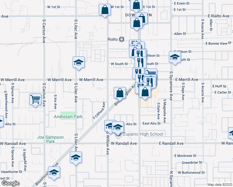 map of restaurants, bars, coffee shops, grocery stores, and more near 602 South Benjamin Street in Rialto