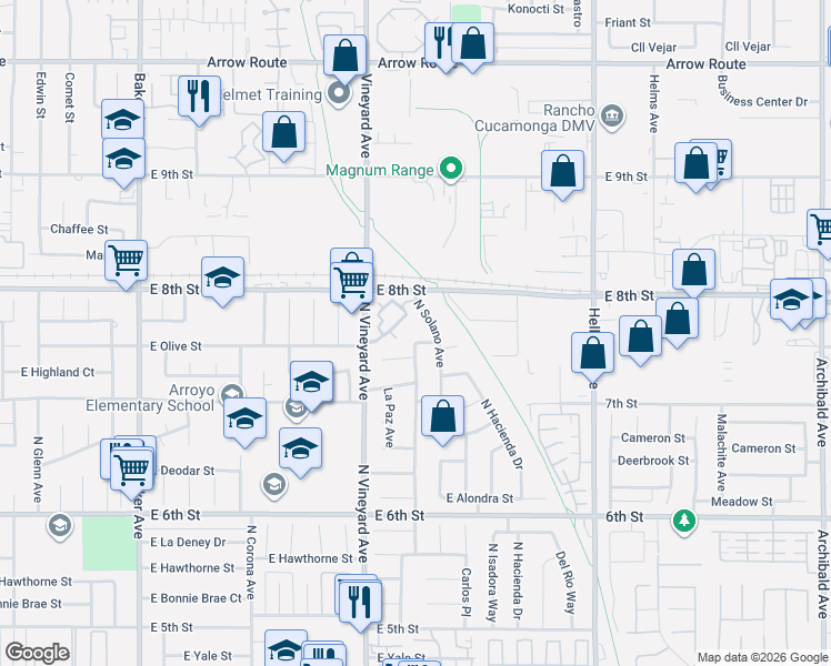 map of restaurants, bars, coffee shops, grocery stores, and more near 1953 North Barranca Avenue in Ontario