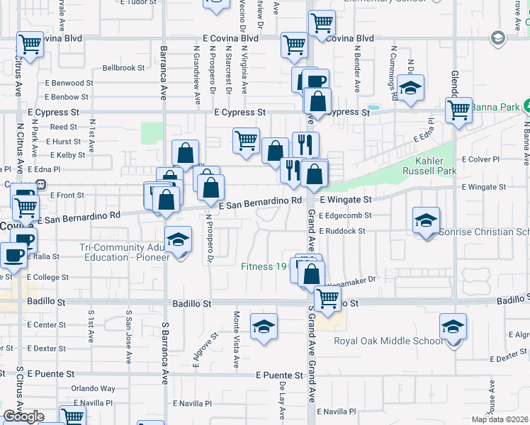 map of restaurants, bars, coffee shops, grocery stores, and more near 739 East Ruddock Street in Covina