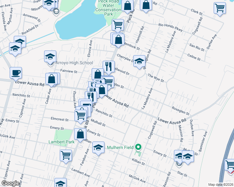 map of restaurants, bars, coffee shops, grocery stores, and more near 11657 Lower Azusa Road in El Monte