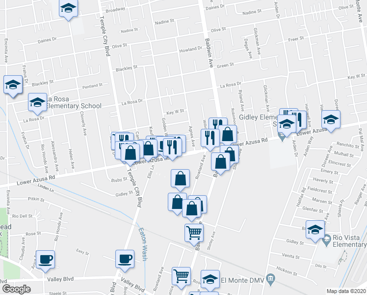 map of restaurants, bars, coffee shops, grocery stores, and more near 9821 Windsor Lane in Temple City