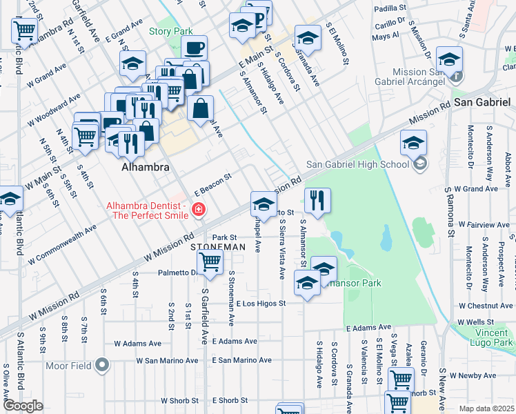 map of restaurants, bars, coffee shops, grocery stores, and more near in Alhambra
