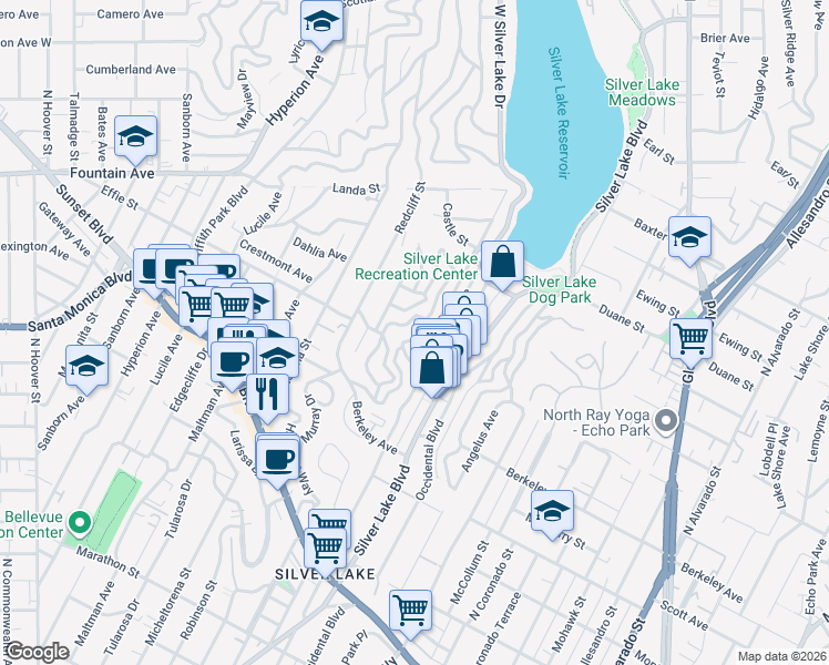 map of restaurants, bars, coffee shops, grocery stores, and more near 1705 Redesdale Avenue in Los Angeles
