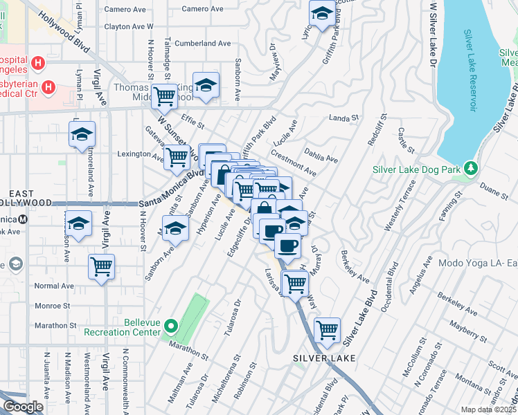 map of restaurants, bars, coffee shops, grocery stores, and more near 3707 Sunset Boulevard in Los Angeles