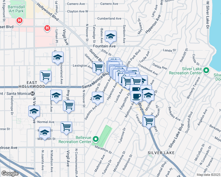 map of restaurants, bars, coffee shops, grocery stores, and more near 1016 Sanborn Avenue in Los Angeles