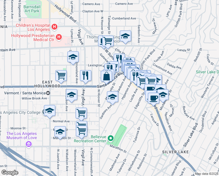 map of restaurants, bars, coffee shops, grocery stores, and more near 4019 Del Mar Avenue in Los Angeles