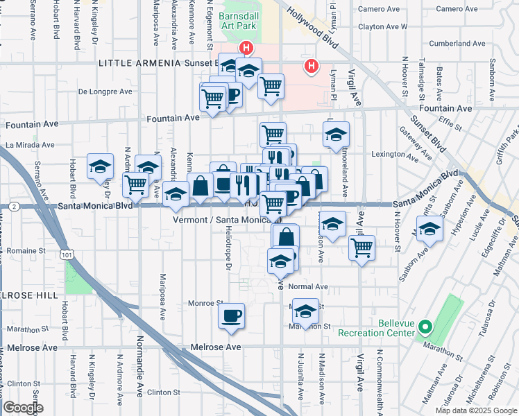 map of restaurants, bars, coffee shops, grocery stores, and more near in Los Angeles