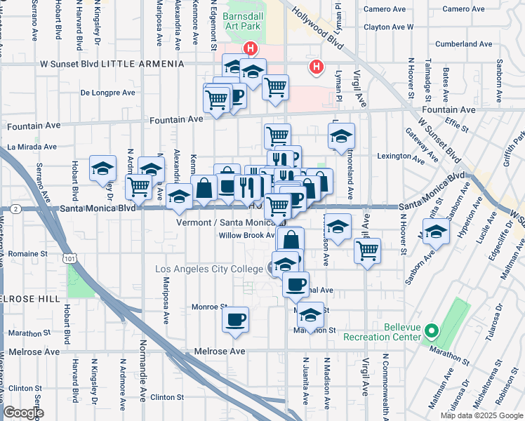 map of restaurants, bars, coffee shops, grocery stores, and more near in Los Angeles