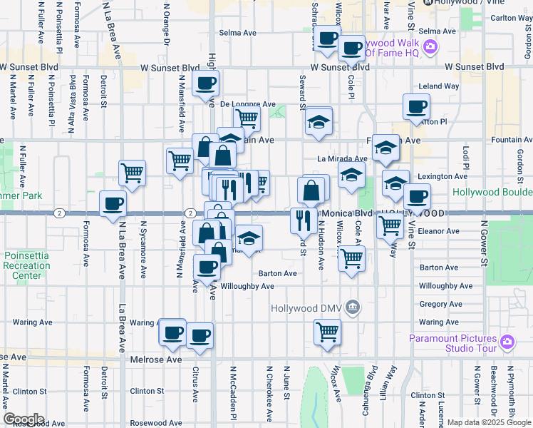 map of restaurants, bars, coffee shops, grocery stores, and more near 6648 Santa Monica Boulevard in Los Angeles