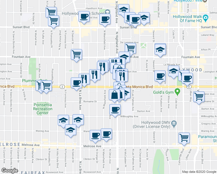 map of restaurants, bars, coffee shops, grocery stores, and more near 6830 Santa Monica Boulevard in Los Angeles