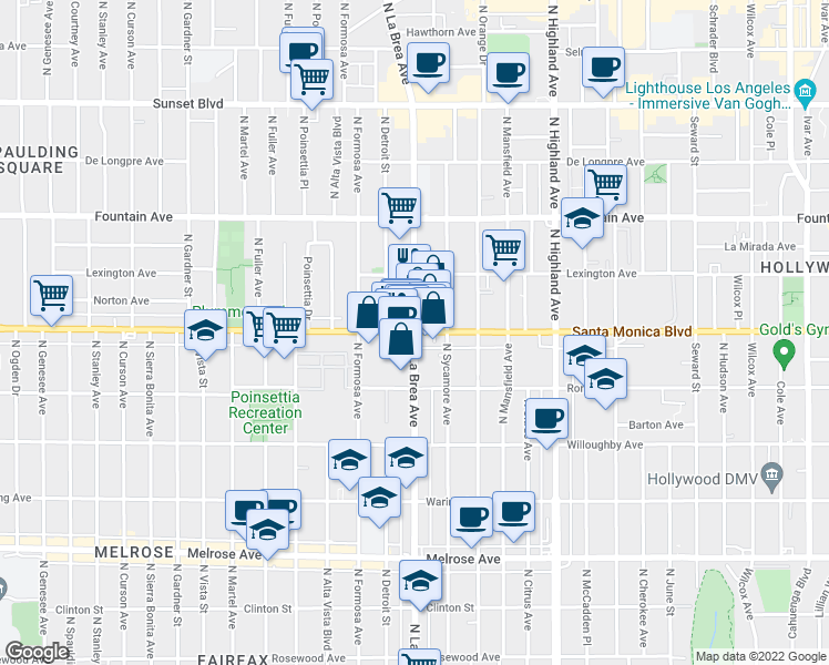 map of restaurants, bars, coffee shops, grocery stores, and more near 7111 Santa Monica Boulevard in West Hollywood