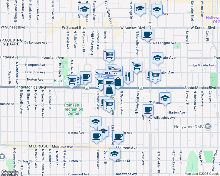 map of restaurants, bars, coffee shops, grocery stores, and more near in West Hollywood