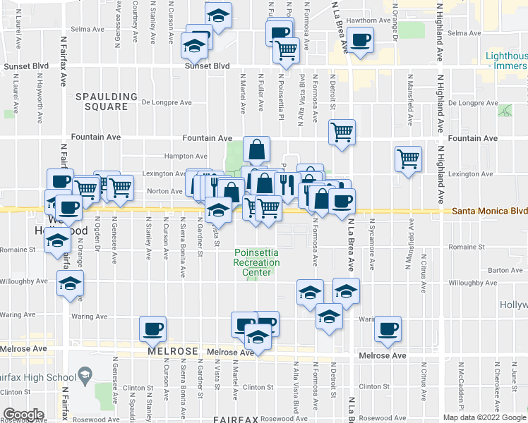 map of restaurants, bars, coffee shops, grocery stores, and more near 7336 Santa Monica Boulevard in West Hollywood