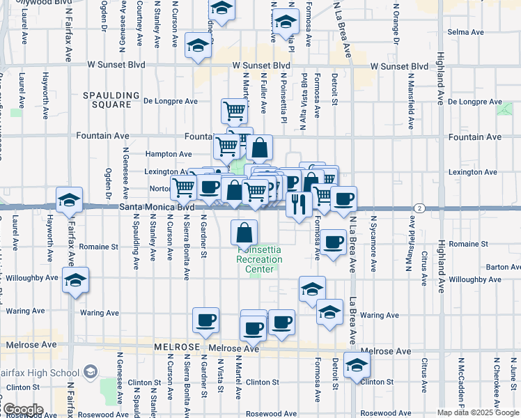 map of restaurants, bars, coffee shops, grocery stores, and more near 7336 Santa Monica Boulevard in West Hollywood