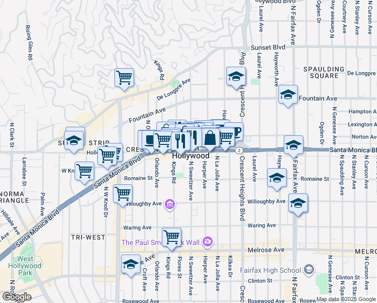 map of restaurants, bars, coffee shops, grocery stores, and more near in West Hollywood