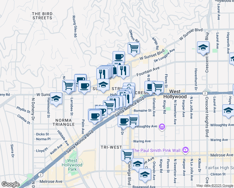 map of restaurants, bars, coffee shops, grocery stores, and more near 8558 Holloway Drive in West Hollywood
