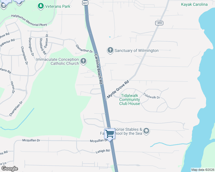 map of restaurants, bars, coffee shops, grocery stores, and more near 6747 Carolina Beach Road in Wilmington