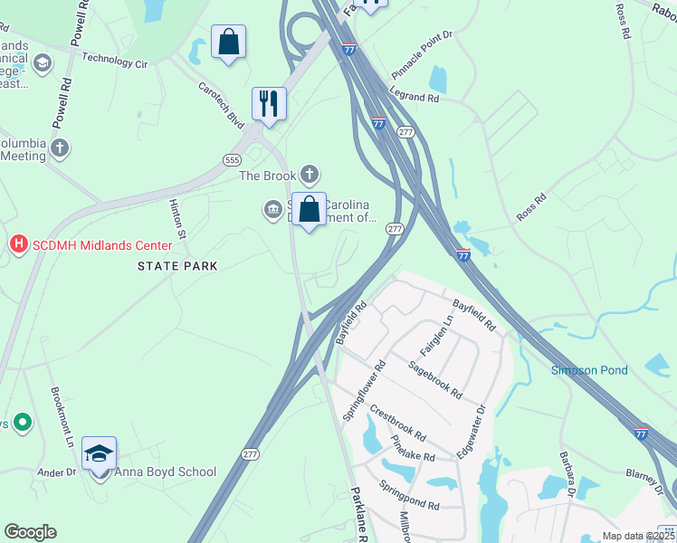 map of restaurants, bars, coffee shops, grocery stores, and more near South Carolina 277 in Columbia
